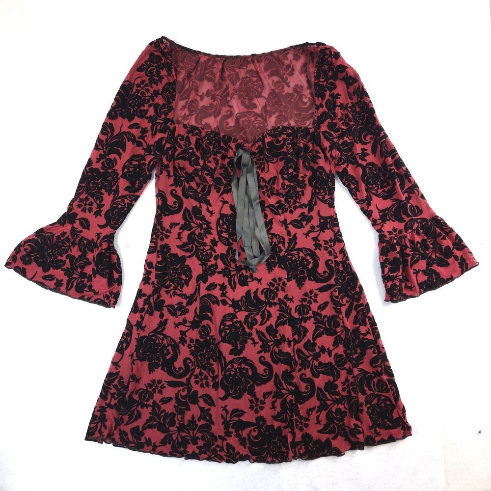 Sheer Velvet Burnout Bell Sleeve Mini Dress Red 2XL Whimsigoth Fairy Witchy Vamp